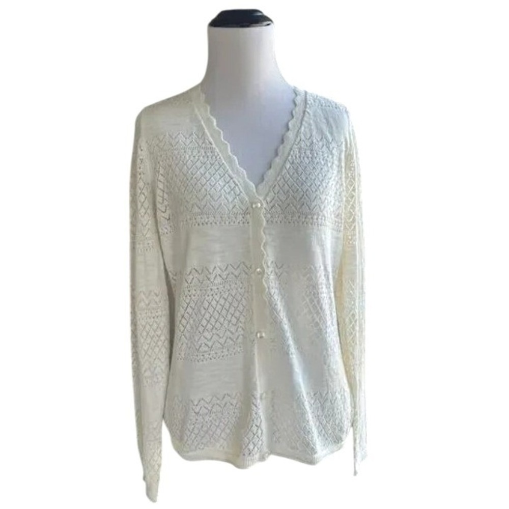 Frye Cardigan Button Front Cream Diamond Knit Cottagecore Womens Feminine Size M